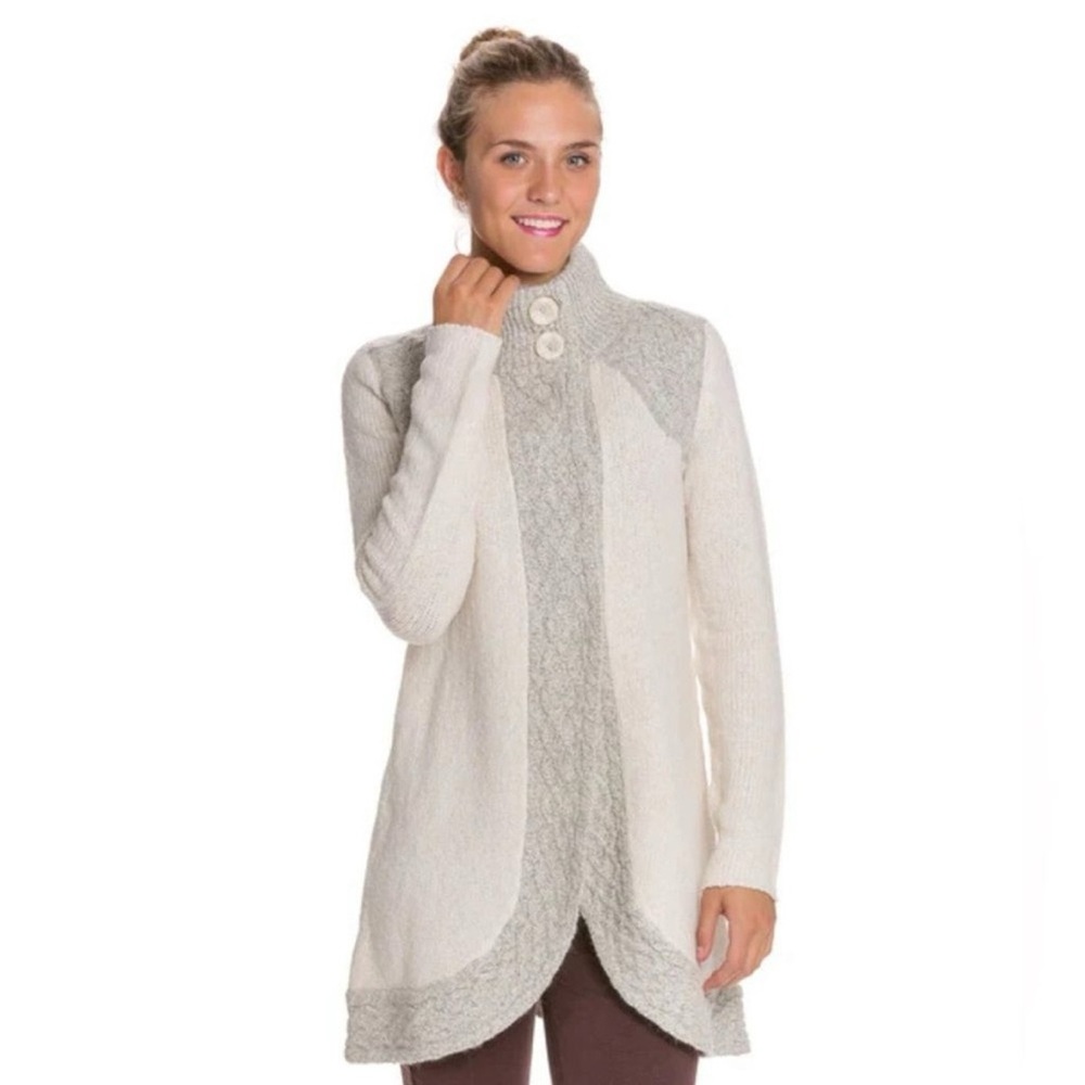 Prana Angelica Longline Duster Cardigan Large Ivory Gray Cable Knit Sweater